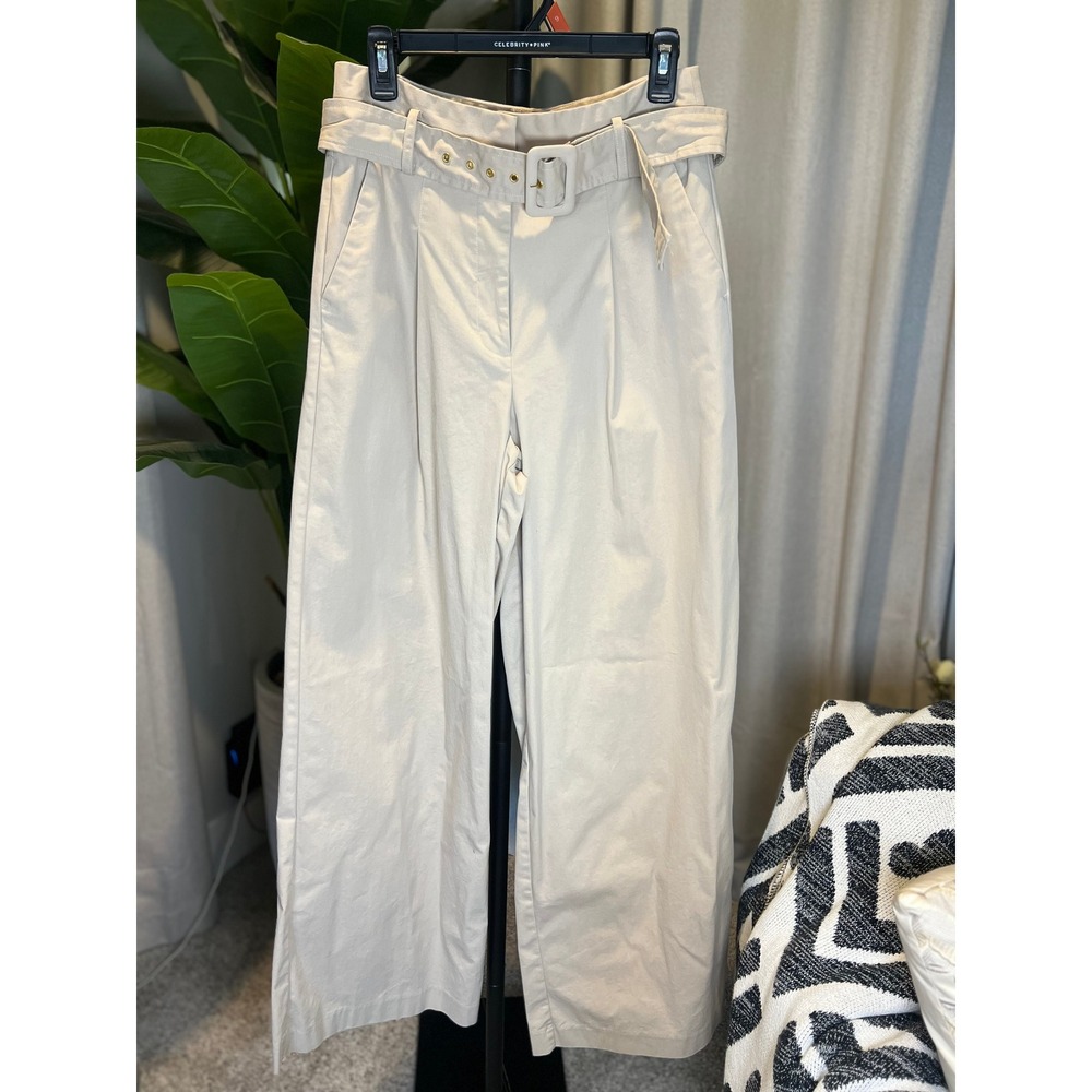 Worthington Womens Beige Wide Leg Pleated Belted Trousers Pants Size 8 High Rise